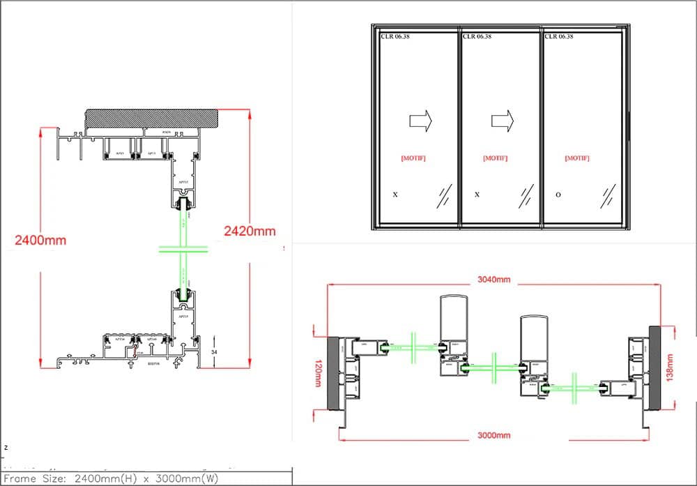 technische tekening 3 deur schuifpui installatie